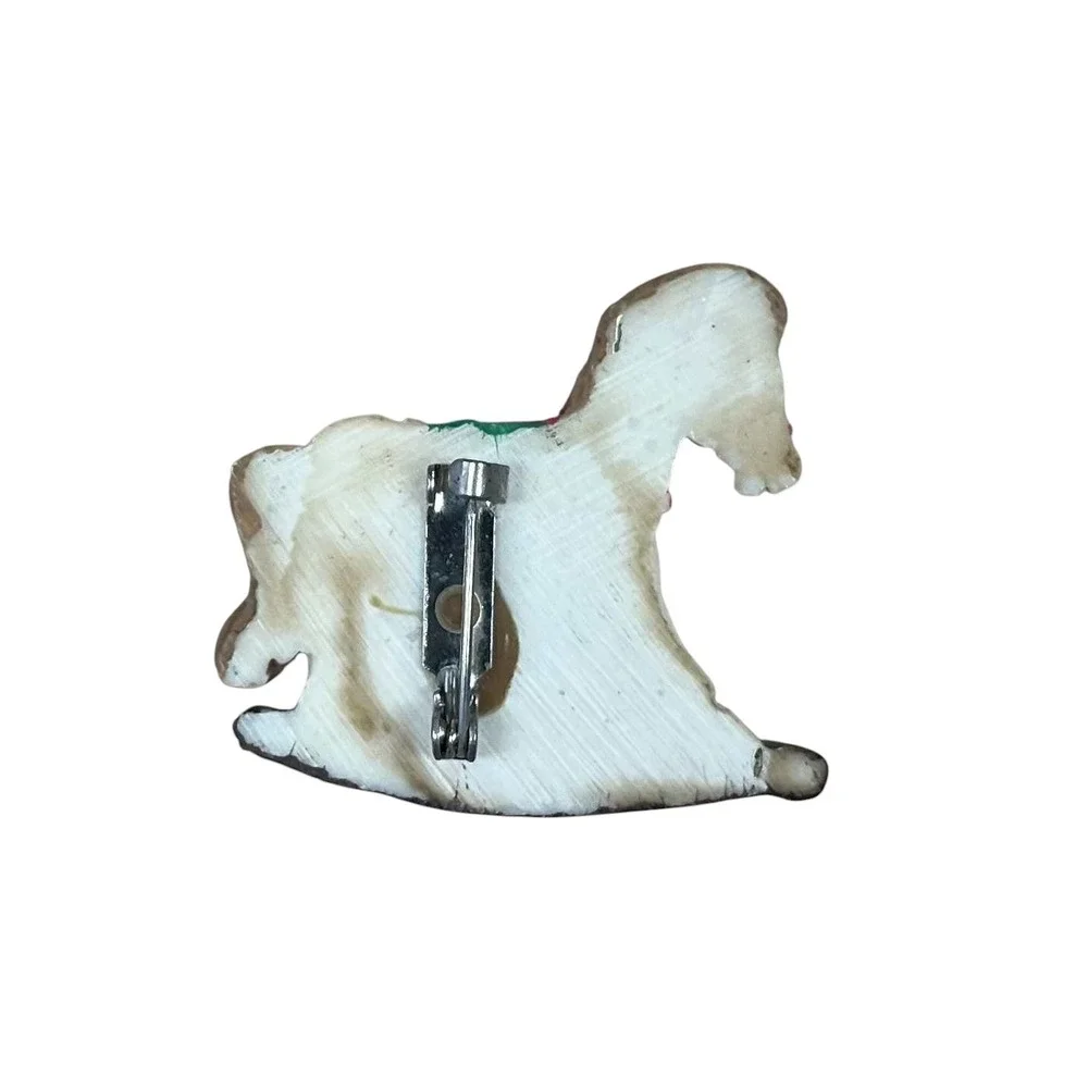 Vintage Hand Painted Christmas Rocking Horse Pin Brooch